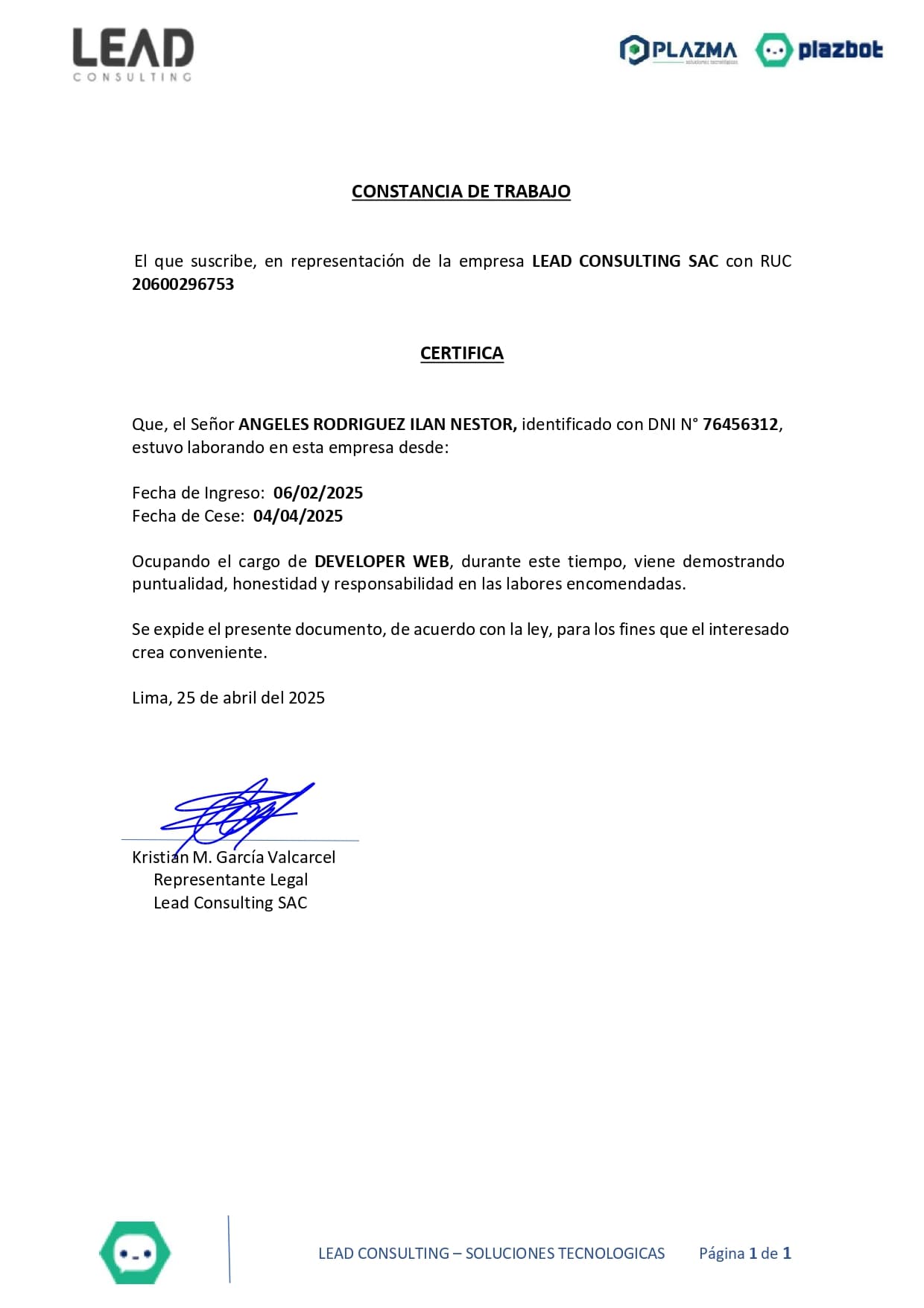 Carta de recomendación: Recomendación de Plazbot AI